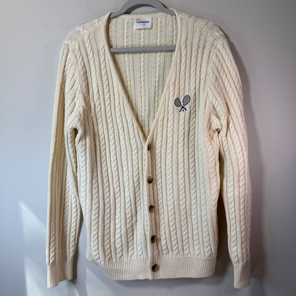Callahan Cable Knit Cardigan Women's Medium Cream Excellent Tennis Racket V-Neck